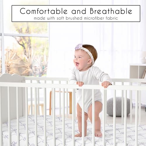 Image of Sweet Jojo Designs Fitted Baby Crib Sheets (Purple Bows) for Girls, Infant Nursery, Toddler Room - Standard Size (White and Lavender Bow for Shabby Chic, Ballet, Dancer, Ballerina Princess Collection)