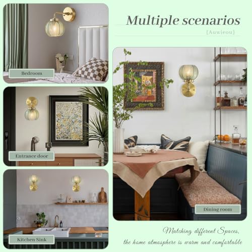Image of Green Glass Wall Sconce Art Deco Globe Shade Gold Vanity Lights | Vintage Wall Light Over Mirror, Easy to install, Bathroom Vanity Lighting, 110V E26 Base, Mid Century Modern Wall Lamp