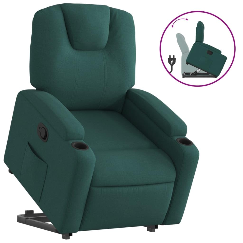 Sillón elevador reclinable verde oscuro de tela con motor eléctrico y función manual, asiento acolchado y estructura estable, cómodos portavasos y bolsillo lateral