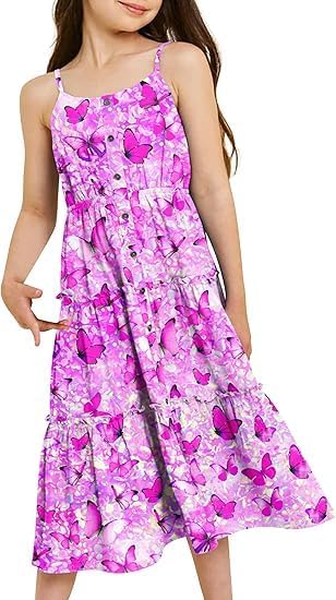 Image of Enlifety Girls Dress Hawaiian Spaghetti Straps Dresses Summer Sundress Size 6 12T