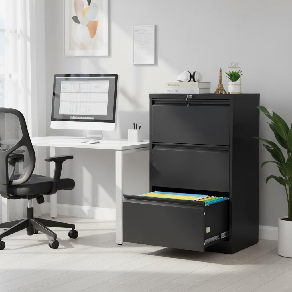 Photo 1 of **FOR PARTS ONLY/ DAMAGED ASSEMBLY PIECES*** Garvee 3 Drawer Lateral File Cabinet, Heavy Duty Metal Filing Cabinet with Locks for Home Office, Black File Cabinets with Business Card Holder for Legal/Letter/F4/A4 Files