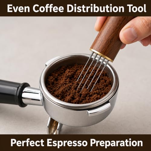 Image of Street27 Espresso Coffee Needle Stirrer Tool - 6 Stainless Steel Needles with Natural Wooden Handle & Stand | WDT Distribution Tool for Even Coffee Grounds Preparation