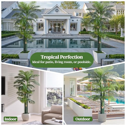 Image of 8.5FT Artificial Golden Cane Palm, 4 Trunks Large Faux Palm Tree | Realistic Foliage, UV Resistant, Indoor /Outdoor Fake Plant in Pot, Tropical Decor for Patio Living Room Office, Easy Setup