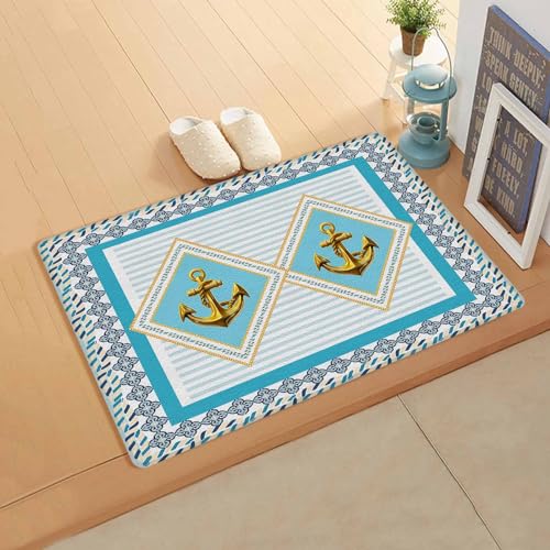 Gold Nautical Anchor Antifatigue Kitchen Bath Door Mat Cushioned Runner Rug,Washable Welcome Floor Sink Mat,Waterproof & Non-Slip Kitchen Standing Doormat,Summer Beach Coastal Geometric Stripe 20