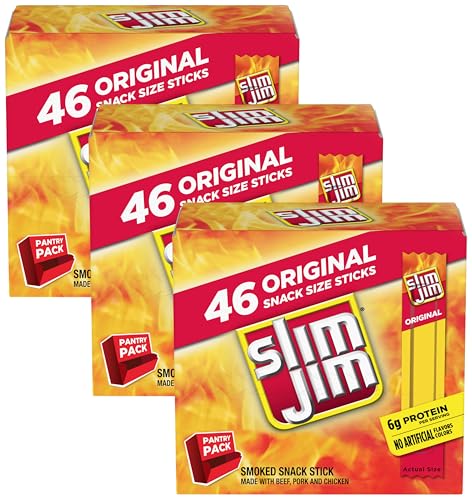 Image of Slim Jim Smoked Meat Sticks, Original Flavor, 6g Protein Per Serving, Snack Size, 0.28 oz. 46 Count (Pack of 3)