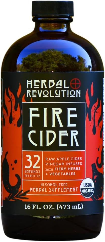 Fire Cider Apple Cider Vinegar - Certified Organic Non-GMO ACV Infused with Ginger, Horseradish, Hot Peppers, Honey, and More - Made Using Regenerative Farming Practices 16 Oz