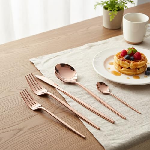 Image of Slim Handle Rose Gold 30 Pcs Stainless Steel Cutlery Set for Dining Table, Dishwasher Safe Glossy Flatware (6 Spoon Set+6 Forks Set+6 Butter Knife+6 Dessert Spoon+ 6 Fruit Fork)