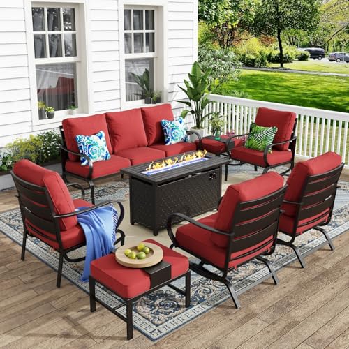 MFSTUDIO 8 Pieces Patio Furniture Sets with 45" Gas Fire Pit Table(Up to 9 Seat), Outdoor Metal Conversation Sofa with 1 x 3-Seat Sofa, 2 Single Chair, 2 Rocking Chair and 2 Ottoman, Burgundy Cushion