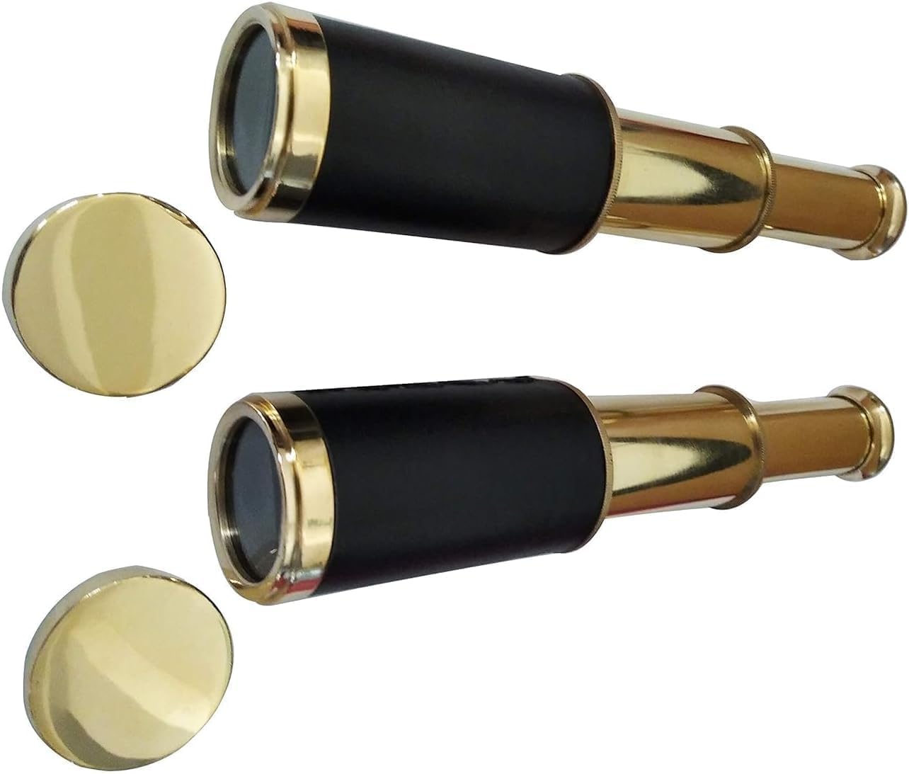 Antique Brass Golden Telescope Nautical Black Leather Grip & 6 Inches Marine Lightweight Spyglass Telescope for Traveling Hiking Gift Set of 2 Pcs