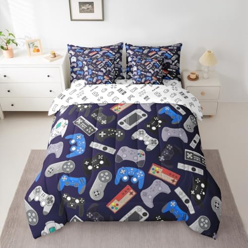 Erosebridal Teens Gamer 7 Piece Bedding Set Twin Kids Boys Children Comforter Set with Sheets Video Game Bed in a Bag Player Gaming Gamepad