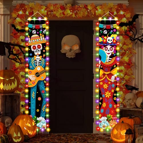 Halloween Decorations Dia De Los Muertos Lighted Porch Sign Banners