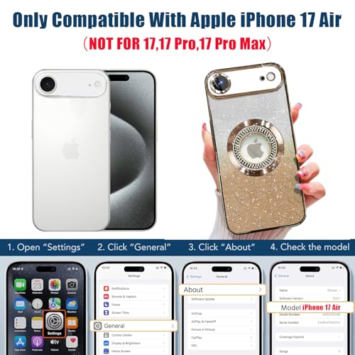 Image of Misscase for iPhone Air Magnetic Glitter Case Compatible with MagSafe,Full Protection Slim Shockproof Case with Camera Lens Protector Plating Bling Cover Case for iPhone 17 Air 6.5 inch Gold
