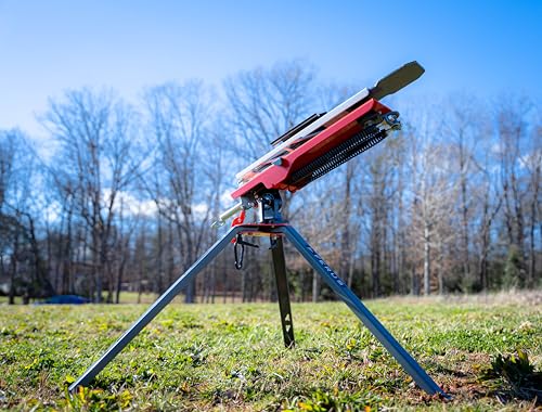 Image of Ferus Outdoors Clay Thrower - XT210 Collapsible Sporting Clay Target Thrower - Pigeon Thrower - Skeet and Trap Thrower, Red and Gray, Carry Bag Included