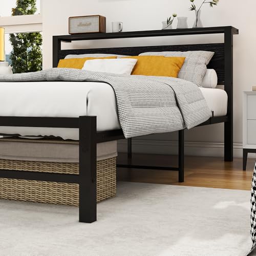 Double Bed Frame with Wooden Storage Shelf Headboard, Metal Platform Bed Frame Double, No Box Spring Needed, Noise Free, Reinforced Strong Support Leg, Textured Black&Brown Oak1 7 Double Bed Frame with Wooden Storage Shelf Headboard, Metal Platform Bed Frame Double, No Box Spring Needed, Noise Free, Reinforced Strong Support Leg, Textured Black&Brown Oak1 - Image 7