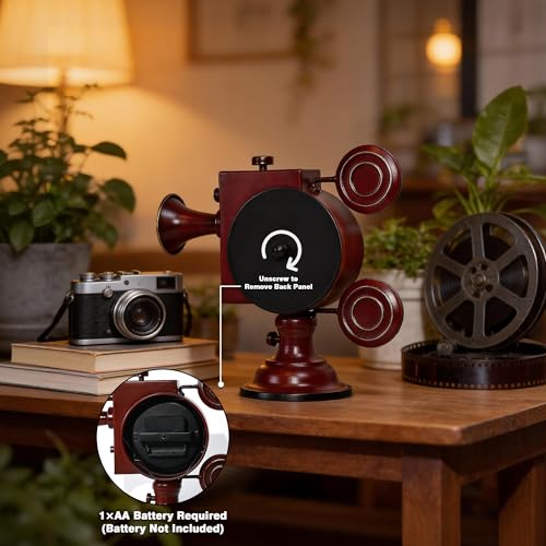 Image of AYRELY Vintage Industrial Film Projector Mantel Clock, Battery Operated Metal Shelf & Table Clock, Retro Home Decor Gift for Film Lovers, Living Room, Fireplace & Media Room