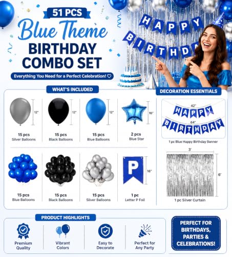 Image of Birthday Decoration Items 51 Pc, Happy Birthday Decoration kit, Balloons, Silver Curtain, Birthday Banner, Air Pump Glue & Tape, Party Decorations Kit