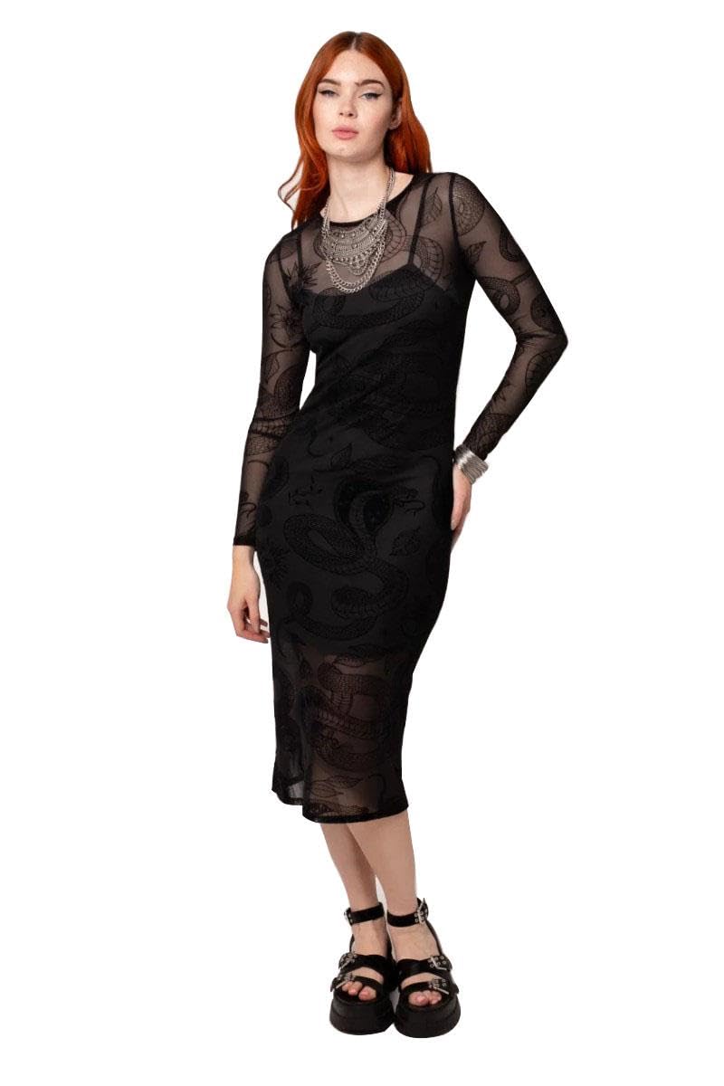 Hell Bunny Snake Charmer Dress – Black Gothic Sheer Mesh Midi with Snake Print, Black, M