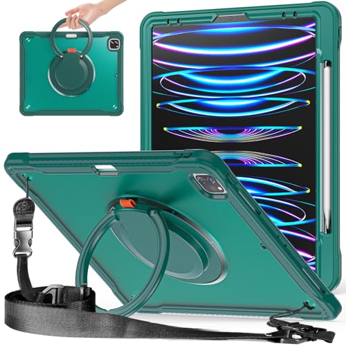 Étui transparent iPad Pro 12.9 vert avec support rotatif 360 et bandoulière amovible