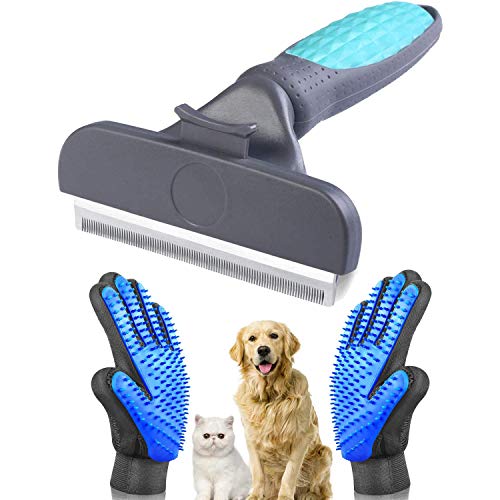 YanXi Self Cleaning Pet De-Shedding Brush Set for Dog & Cat, Grooming Brush Professional Pet Grooming Tool Kit for Long,Puppy Hair Remover Comb, Soft Rubber Glove (Blue)