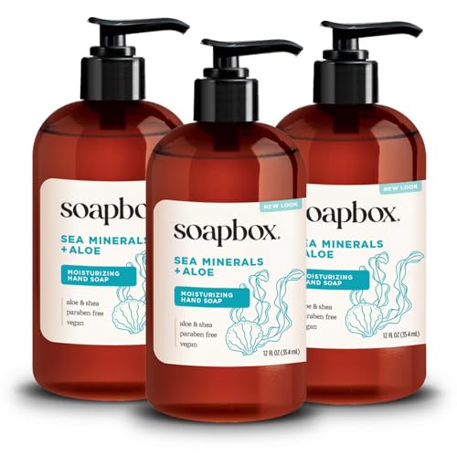 Soapbox Liquid Hand Soap, Sea Minerals & Aloe - Gentle & Moisturizing Hand Wash for Kitchen and Bathroom, Vegan & Cruelty Free Scented Hand Soap 12 Ounce Pump Bottles (Pack of 3)