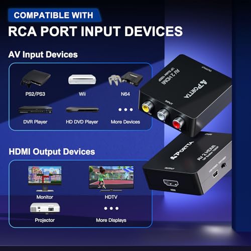 Portta RCA to HDMI Converter, Composite CVBS to HDMI Adapter Upscaler 720P/1080P, AV to HDMI Video Converter, Support PAL/NTSC Compatible with PS3, TV, PC, STB, Xbox, VHS, VCR, Blue-Ray DVD (Black) - Thumbnail 6
