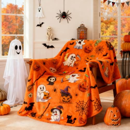 Halloween Throw Blanket 60 x 50 - Soft Flannel Ghost Blanket Cozy Plush for Couch Sofa & Bed Fall Winter Decor for Kids & Adults (Pumpkin Orange)