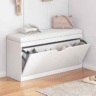 Modern Storage Bench Shoe Cabinet - Slim Freestanding Entryway nizer with Flip Bucket & Doors - Stylish Space-Saving Rack for Hallway Mudroom or Entryway