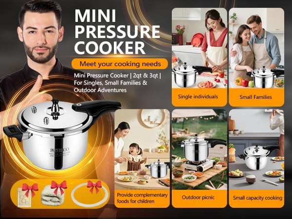 Premium Stainless Steel Small Pressure Cooker 2 quart | 8 Safety Features & Quick Cooking | stovetop pressure cookers;instant pot pressure cooker;olla de presion mini pressure cooker 2+qt 2.2 Quarts
