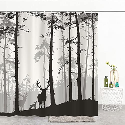 Rustic Cabin Shower Curtain Set, Deer Moose Morden Brown Abstract Forest Misty Tree Silhouette Hunting Bathroom Curtain, Vintage Woodland Camping Fabric Black Gray Shower Curtain With Hook 72 X 72Inch #TOP1