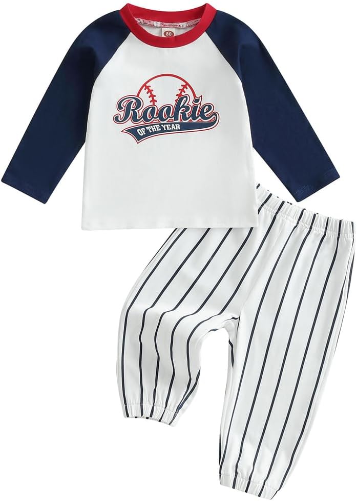 CanisBaby Boys First Birthday Outfit Rookie of the Year Baseball Shirt and Striped Pants Set 1st Birthday Clothes