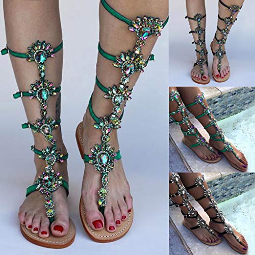 Slide Sandals For Women, Ulanda Women Flat Sandals Bohemian Rhinestone Ankle Strap Knee-High Open Toe Summer Sandals Green #TOP1