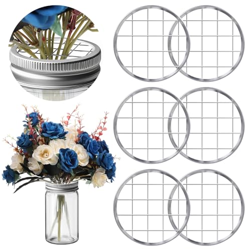 6 Pcs Mason Jar Flower Lid, Metal Floral Arrangement Grid Lids, Floral Arrangement Supplies with Square Grids for Regular Mouth Mason Canning Jars