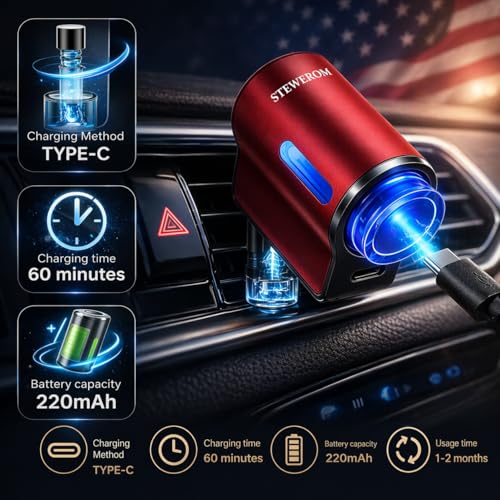 Image of Car Air Freshener - Smart Adjustable 3-Speed Intensity, Rechargeable Humidifier Car Essential Oil Diffuser - Comes with 8 Bottles of 10ml Perfume (Red)