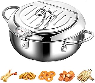 AlfaView 304 Stainless Steel Tempura Deep Fryer Pot with Thermometer and Oil Drip Rack Lid, Japanese Deep Frying Pot for Family Frying Tempura, Chicken French, Dried Fish(Silver-2.2L)