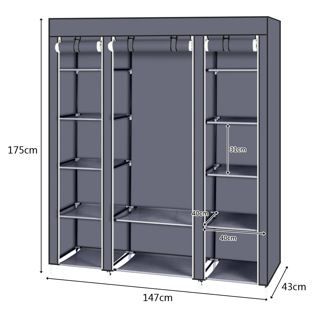 Bonnlo Armoire Tissu,avec Penderie et Étagères,Stable,Armoire de Rangement,150x45x175cm,Beaucoup de Rangement,Pliable,Gris
