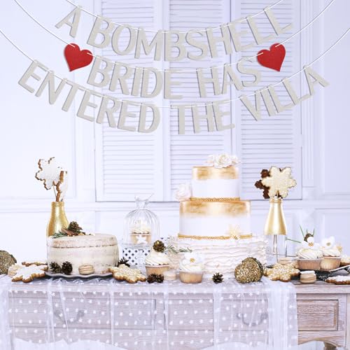 Image of A Bombshell Bride Has Entered The Villa Banner, Bombshell Villa Bridesmaid Party Decor, Island Beach Bachelorette Party Decorations Silver