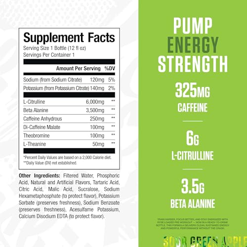 Image of RYSE Loaded Pre Workout Drink - Sour Punch Green Apple - Sugar-Free, Ready to Drink Energy Supplement with 325mg Caffeine, Citrulline & Beta Alanine for Focus & Pump - 12 fl oz Bottles (Pack of 12)