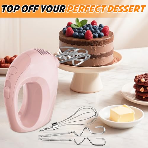 Image of Showvigor Electric Hand Mixer with 5 Stainless Steel Whisks,5 Speed,Pink
