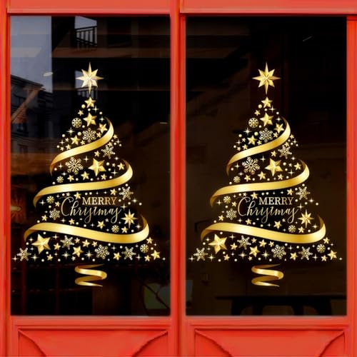 Rchovsam 2 Pack XL Whole Gold Tree Clings for News Yeras Winter Gold Christmas Tree Window Stickers for Glass Large DIY Static Wall Window Door Mural Showcase Decal Sticker-18x24 Inches