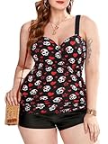 ROSE GAL Rosegal Plus Size Women 2 Piece Swimsuit Skull Heart Print Ruched Tummy Control Tankini Swimwear Gothic Bathing Suit with Shorts(Black_6/1X)