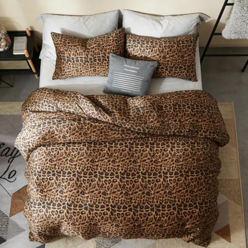 Image of Duvet Cover Set Twin Size Cheetah Print Bedding Set for Girls Boys,Leopard Duvet Cover Brown with Zipper Closure and 1 Pillowcase,Dorm Comforter Duvet Cover Set
