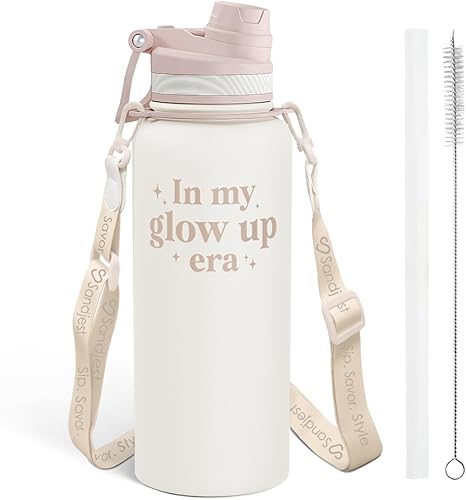 Miniatura 32 de SANDJEST Botella de agua de acero inoxidable con correa de 32 onzas, botellas aisladas con popote y tapa de boquilla para gimnasio, deportes, viajes