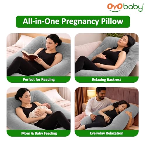 Image of OYO BABY Maternity Pillows J-Shape Full Body Pillow | 360 Maternity Support for Back, Hips, Legs & Belly | Pregnancy Pillows for Women | Removable Washable Velvet Cover (Light Grey)