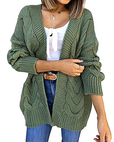 Imily Bela Damen Strickjacke mit offener Vorderseite, weich, lange Ärmel, Zopfmuster, Grün , X-Groß Cover