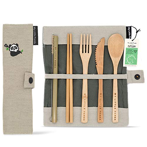 My Little Panda Juego de Cubiertos de Viaje Bamboo | En una Bolsa ecológica | Súper Ligero y Reutilizable Comer sobre la Marcha.(Latte)