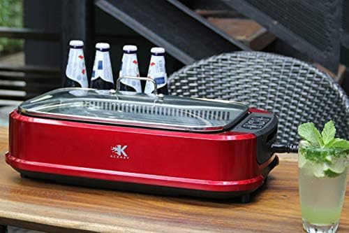 KCZAZY Electric Smokeless Grill with Glass Lid, Indoor and Outdoor Use, Grill and Griddle Plates Removable, Portable BBQ Grilling & Searing, Dishwasher Safe, Included Cookbook, Gift Box (Exclusive)