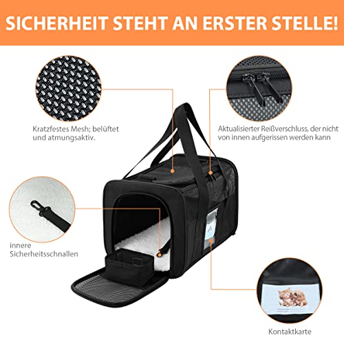 Vailge Transporttasche für Mittlere Katze Kleine Hunde Haustiere bis 6kg/13lbs, inkl. Napf und Schultergurt, Für Tierarztbesuche und Reisen, Airline Zugelassen(Schwarz, Medium)