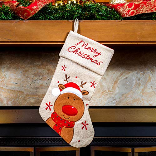 Imperial Home Christmas Stockings, Cute Holiday Decor, Santa's Toys Holder, Santa, Reindeer And Snowman Stocking, Xmas Party Decorations, Fireplace Hanging Decor, Family 3 Pc Set, 18", Burlap #TOP4