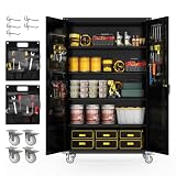 biosp 72" H Wide & Deep Garage Storage Cabinet with Wheels & Pegboards, Metal Storage Cabinet with Locking Door & Adjustable Shelves, Rolling Tool Cabinet for Garage, Shop, Office, 72"x43"x22"