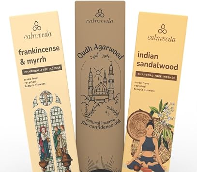 CALMVEDA, FRANKINCENSE AND MYRRH INCENSE with Natural Oudh Incense and Indian Sandalwood Incense 80 Sticks + 1 Spray | Beautiful Natural Incense and Spray for Meditation Environment and Spiritual Pr